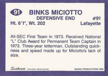 1983 Sunbeam Bread LSU Tigers #91 Binks Miciotto Back