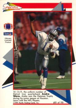 1991 Pacific Flash Cards #51 Andre Ware Back