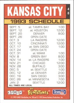1993 Cardz The Flintstones NFL #40 Kansas City - Schedule Back
