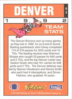 1993 Cardz The Flintstones NFL #63 Denver - Team Stats Back