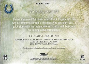 2012 Topps Valor - Field Armor Patches #FAP-VB Vick Ballard Back