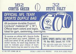 1985 Topps Stickers #32 / 182 Steve Foley / Curtis Greer Back