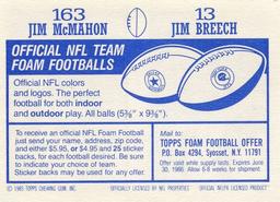 1985 Topps Stickers #13 / 163 Jim Breech / Jim McMahon Back