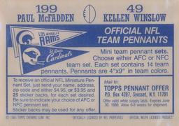1985 Topps Stickers #49 / 199 Kellen Winslow / Paul McFadden Back