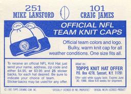 1985 Topps Stickers #101 / 251 Craig James / Mike Lansford Back