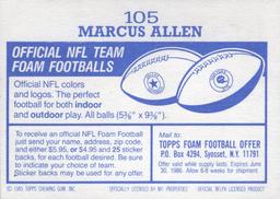 1985 Topps Stickers #105 Marcus Allen Back
