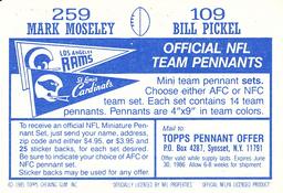 1985 Topps Stickers #109 / 259 Bill Pickel / Mark Moseley Back