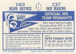 1985 Topps Stickers #137 / 149 Dan Marino / Mark Haynes Back
