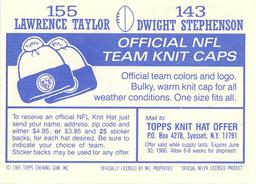 1985 Topps Stickers #143 / 155 Dwight Stephenson / Lawrence Taylor Back