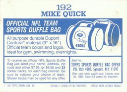 1985 Topps Stickers #192 Mike Quick Back