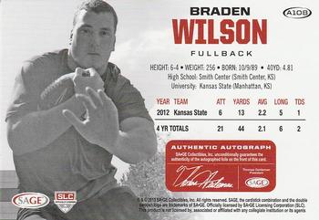 2013 SAGE HIT - Autographs Silver #A108 Braden Wilson Back