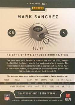 2012 Panini Totally Certified - Blue Materials #51 Mark Sanchez Back