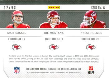 2012 Panini Totally Certified - Stitches in Time #57 Joe Montana / Matt Cassel / Priest Holmes Back
