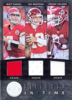 2012 Panini Totally Certified - Stitches in Time #57 Joe Montana / Matt Cassel / Priest Holmes Front