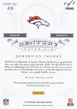 2012 Panini National Treasures - Century Material NFL Brand Logo #49 Demaryius Thomas Back