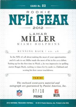 2012 Panini National Treasures - NFL Gear Triple Signatures Prime #23 Lamar Miller Back