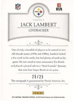 2012 Panini National Treasures - Super Bowl Champion Signatures #6 Jack Lambert Back