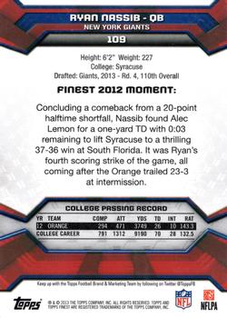 2013 Finest #109 Ryan Nassib Back
