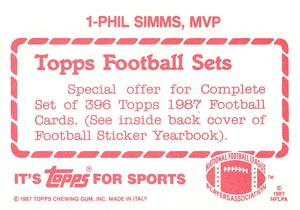 1987 Topps Stickers #1 Phil Simms, MVP Back