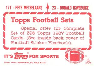 1987 Topps Stickers #23 / 171 Donald Igwebuike / Pete Metzelaars Back