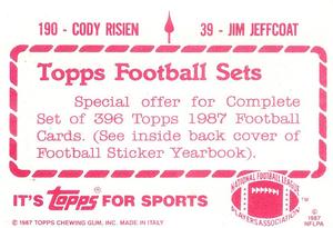 1987 Topps Stickers #39 / 190 Jim Jeffcoat / Cody Risien Back