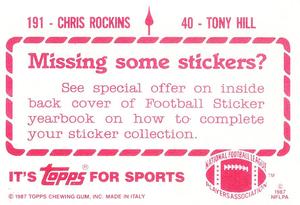 1987 Topps Stickers #40 / 191 Tony Hill / Chris Rockins Back