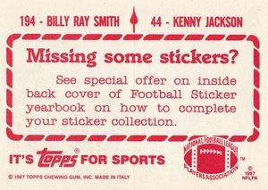 1987 Topps Stickers #44 / 194 Kenny Jackson / Billy Ray Smith Back