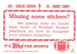 1987 Topps Stickers #55 / 205 Buddy Curry / Carlos Carson Back
