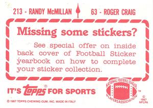 1987 Topps Stickers #63 / 213 Roger Craig / Randy McMillan Back