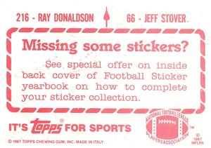 1987 Topps Stickers #66 / 216 Jeff Stover / Ray Donaldson Back