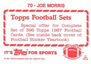 1987 Topps Stickers #70 Joe Morris Back
