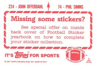 1987 Topps Stickers #74 / 224 Phil Simms / John Offerdahl Back