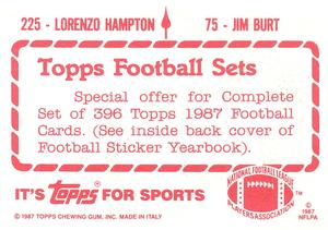 1987 Topps Stickers #75 / 225 Jim Burt / Lorenzo Hampton Back