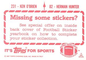 1987 Topps Stickers #82 / 231 Herman Hunter / Ken O'Brien Back