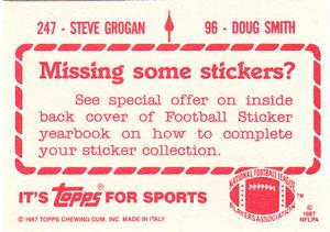 1987 Topps Stickers #96 / 247 Doug Smith / Steve Grogan Back