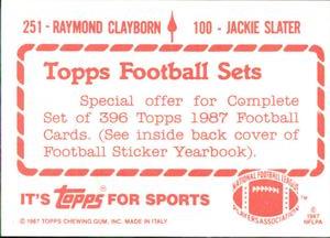 1987 Topps Stickers #100 / 251 Jackie Slater / Raymond Clayborn Back