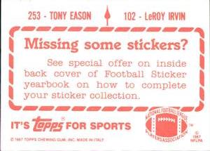 1987 Topps Stickers #102 / 253 LeRoy Irvin / Tony Eason Back