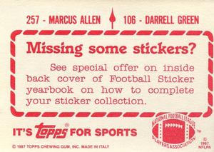 1987 Topps Stickers #106 / 257 Darrell Green / Marcus Allen Back