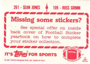 1987 Topps Stickers #109 / 261 Russ Grimm / Sean Jones Back