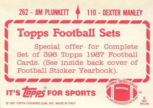 1987 Topps Stickers #110 / 262 Dexter Manley / Jim Plunkett Back