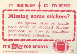1987 Topps Stickers #124 / 274 Joey Browner / Mark Malone Back