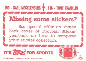1987 Topps Stickers #136 / 150 Tony Franklin / Karl Mecklenburg Back