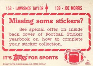 1987 Topps Stickers #139 / 153 Joe Morris / Lawrence Taylor Back