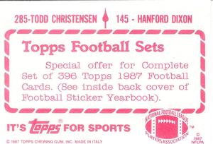 1987 Topps Stickers #145 / 285 Hanford Dixon / Todd Christensen Back