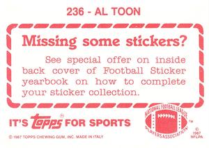 1987 Topps Stickers #236 Al Toon Back