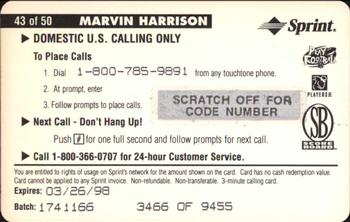 1996 Pro Line II Intense - Phone Cards $3 #43 Marvin Harrison Back