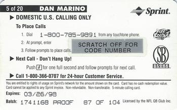 1996 Pro Line II Intense - Phone Cards $5 Proofs #5 Dan Marino Back