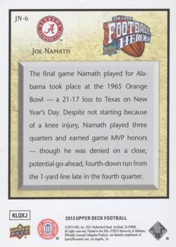 2013 Upper Deck - College Football Heroes: Joe Namath #JN-6 Joe Namath Back