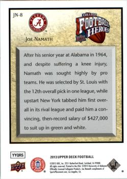 2013 Upper Deck - College Football Heroes: Joe Namath #JN-8 Joe Namath Back