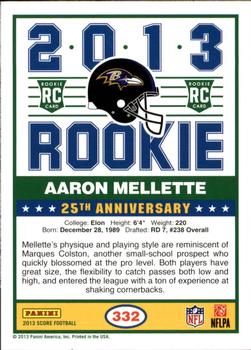 2013 Score - Blue #332 Aaron Mellette Back